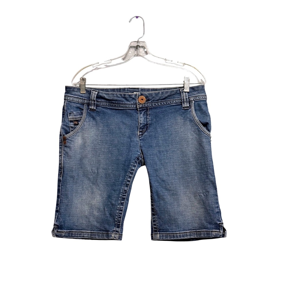 DKNY Jeans Womens Blue Denim Bermuda Shorts Low Rise Medium Wash Embroidered 12‎